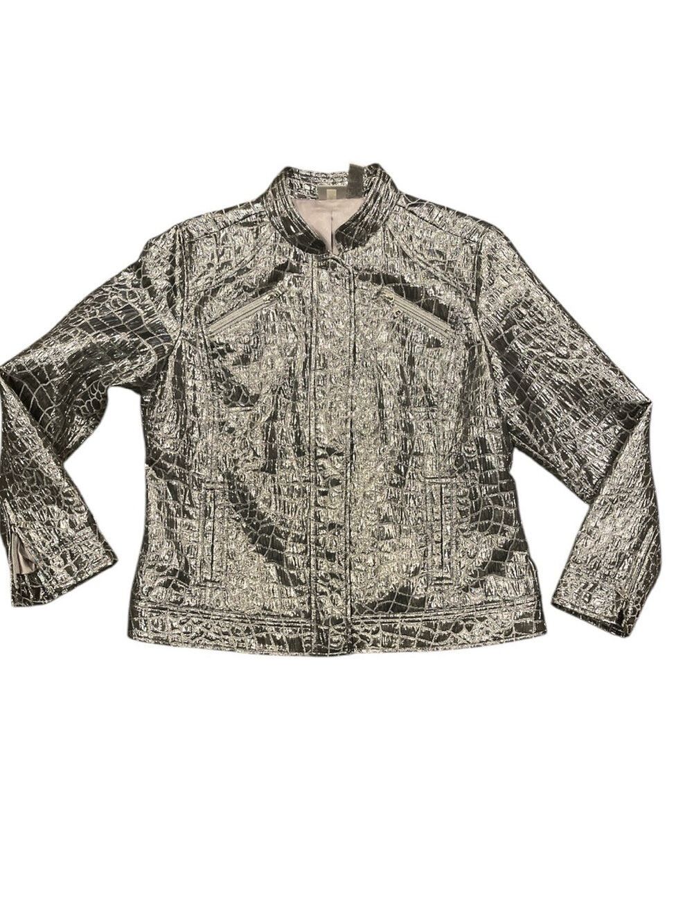 Chico’s Size 2 US M-L Silver Metallic Snakeskin Faux Leather Jacket - Picture 2 of 10